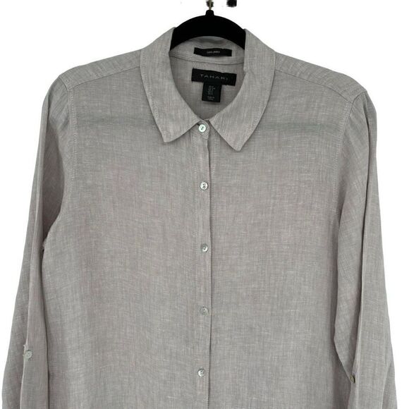 Tahari 100% Linen Button Front Roll Tab Sleeves Tunic Tan Small - Picture 3 of 7